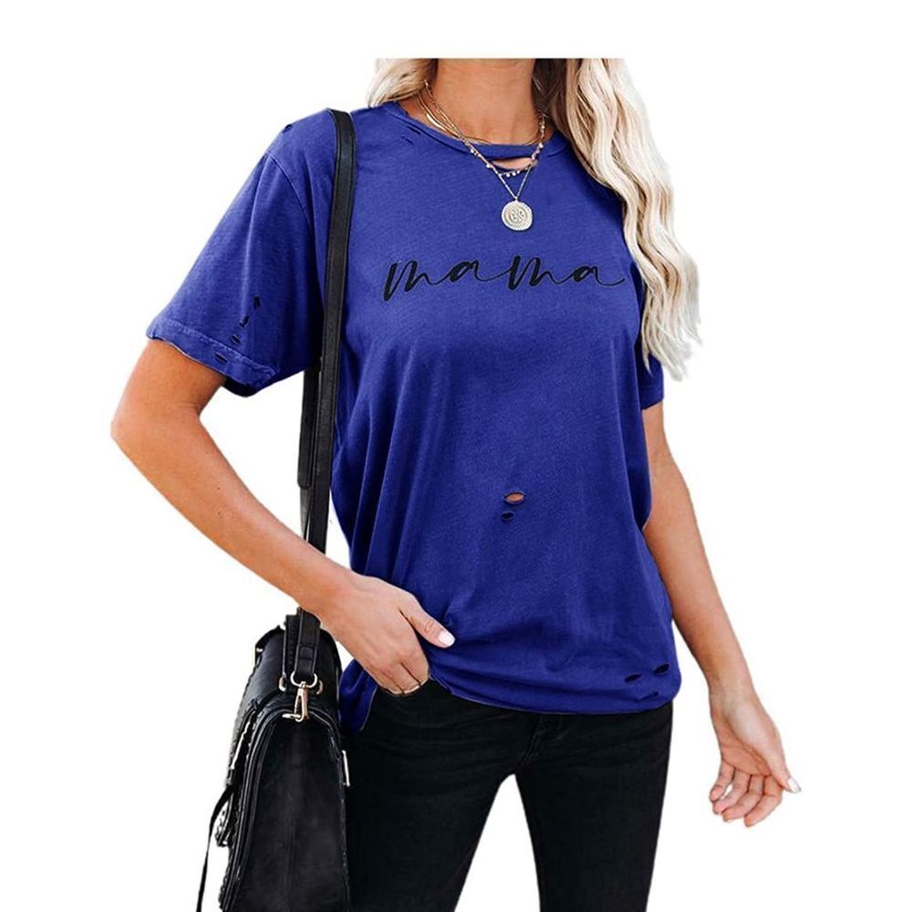 NIUBIA Womens Shirts Mama Short Sleeve‎ Casual Print T-Shirt Round Neck Fit Blue